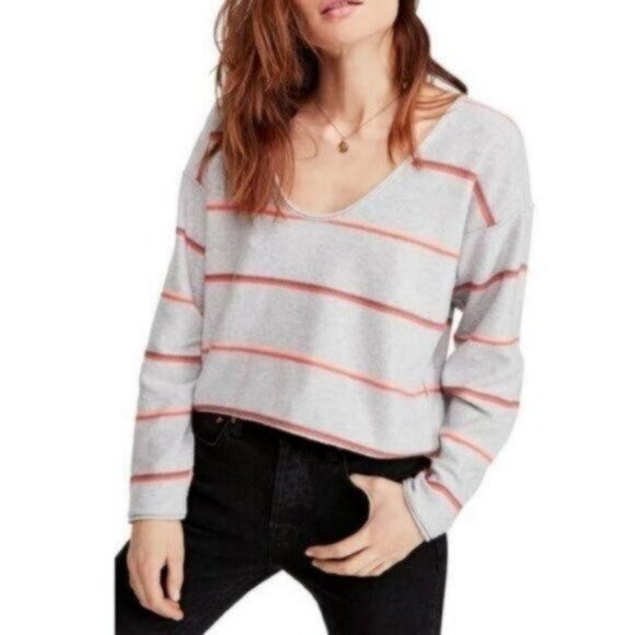 Free People | Make you Mine Striped Cropped Sweater Gray - Picture 1 of 9